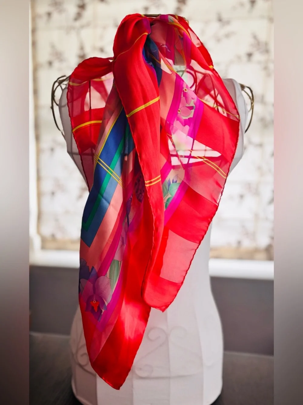 Leonard Paris 100% Silk Orchid Hummingbird Scarf 34x34